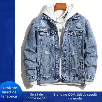 Jachetă denim pentru bărbați cu glugă, croială slim, închidere cu nasturi simple, 76% bumbac, buzunare laterale, primăvară-toamnă 2025