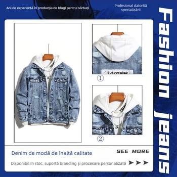 Jachetă denim pentru bărbați cu glugă, croială slim, închidere cu nasturi simple, 76% bumbac, buzunare laterale, primăvară-toamnă 2025
