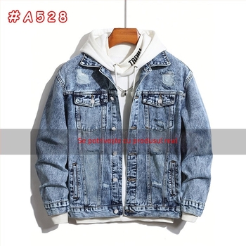 Jachetă denim pentru bărbați cu glugă, croială slim, închidere cu nasturi simple, 76% bumbac, buzunare laterale, primăvară-toamnă 2025