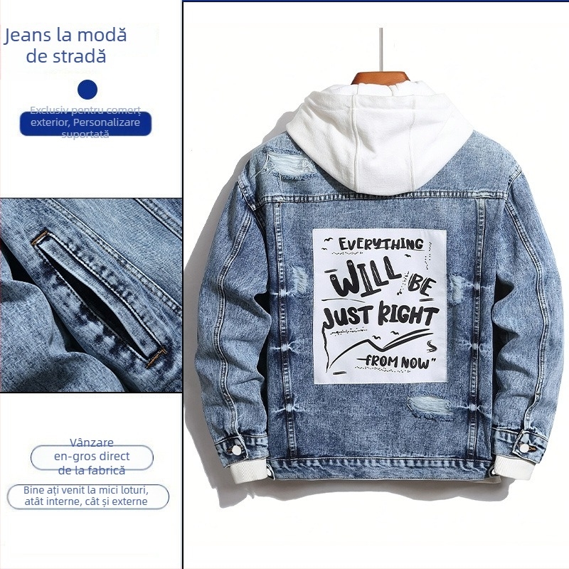 Jachetă denim pentru bărbați cu glugă, croială slim, închidere cu nasturi simple, 76% bumbac, buzunare laterale, primăvară-toamnă 2025