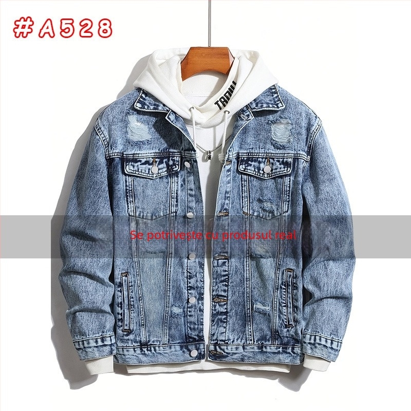 Jachetă denim pentru bărbați cu glugă, croială slim, închidere cu nasturi simple, 76% bumbac, buzunare laterale, primăvară-toamnă 2025