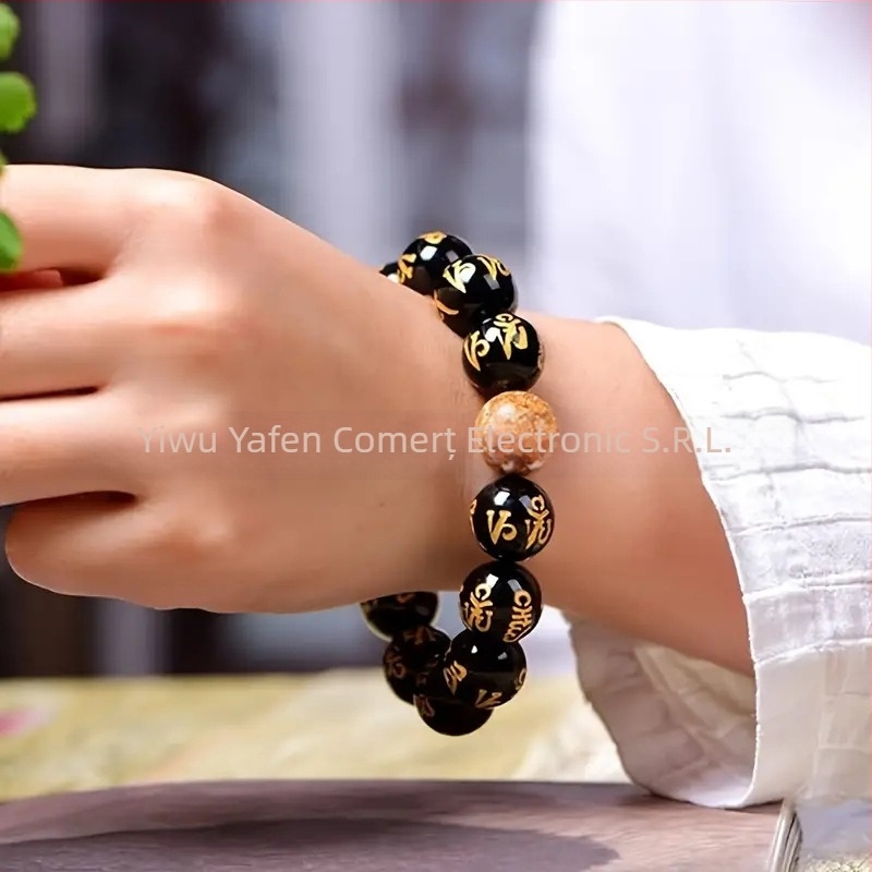 Brățară unisex cu design scriptural, mărgele din sticlă și lapis lazuli, lucrată manual