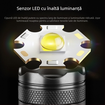 Lanternă LED cu încărcare USB, 10W, 1200mAh, rază 100-200m, rotație la 360°