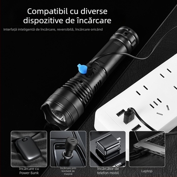 Lanternă LED cu încărcare USB, 10W, 1200mAh, rază 100-200m, rotație la 360°