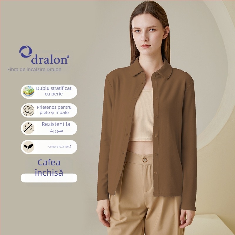 Cămașă solidă, stil elegant pentru oraș, guler rotund, mâneci lungi, deschidere cu nasturi pe un rând și catarame, compoziția principală: fibră acrilică 30-50% și viscose 50-70%, Iarna 2023