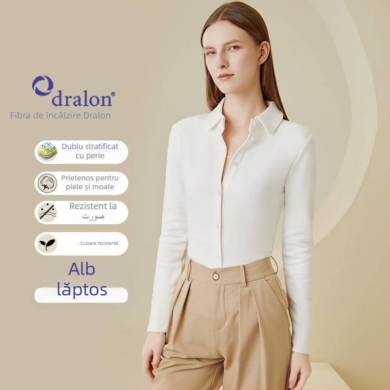 Cămașă solidă, stil elegant pentru oraș, guler rotund, mâneci lungi, deschidere cu nasturi pe un rând și catarame, compoziția principală: fibră acrilică 30-50% și viscose 50-70%, Iarna 2023