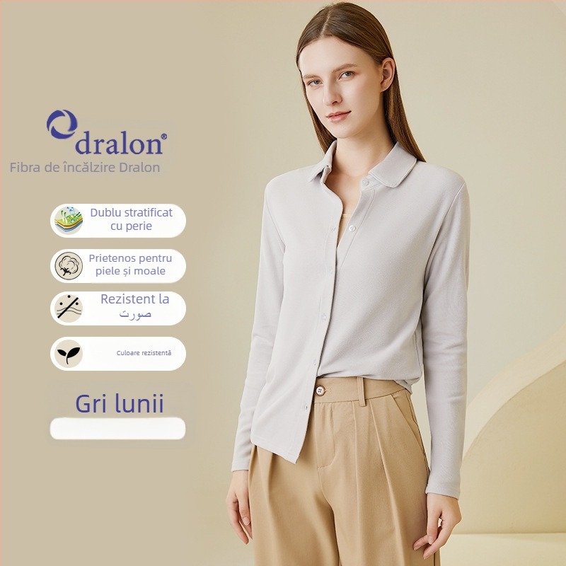 Cămașă solidă, stil elegant pentru oraș, guler rotund, mâneci lungi, deschidere cu nasturi pe un rând și catarame, compoziția principală: fibră acrilică 30-50% și viscose 50-70%, Iarna 2023
