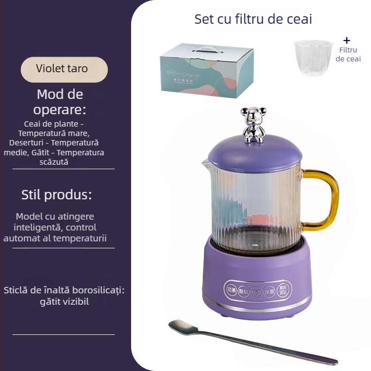 Oală electrică pentru sănătate, cu sticlă borosilicată, 650 ml, 220V, 360W, temporizator inteligent cu oprire automată, termosatat electronic