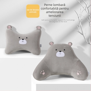 Pernă de cap pentru mașină cu spumă memory, husă pluș, model ursuleț desen animat, potrivire universală pentru toate anotimpurile