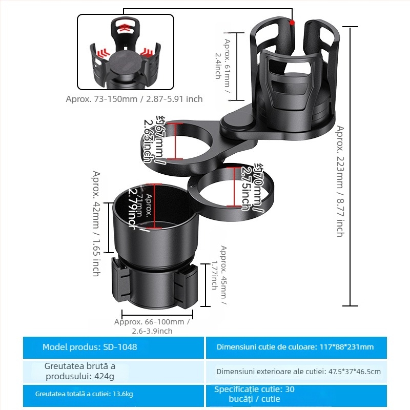 Shunwei SD-1039 Suport pentru pahare auto – ABS/PC, Compatibil cu suportul original pentru pahare, Personalizabil