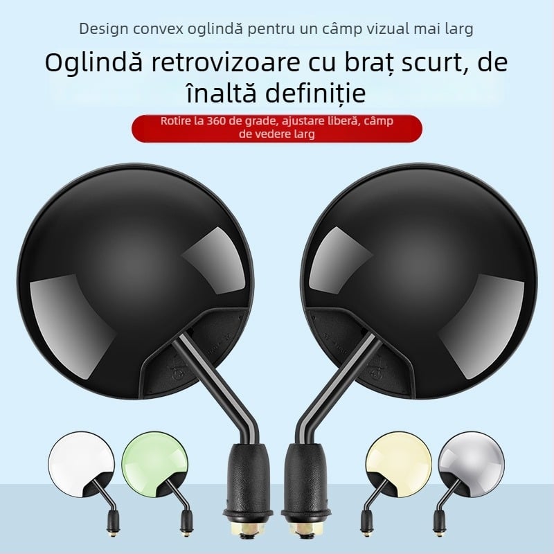 HD Oglindă retrovizoare pentru vehicule electrice – tijă scurtă, oglindă convexă rotundă, reglaj 180°, montaj cu două găuri de 8 mm