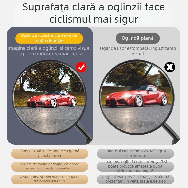 HD Oglindă retrovizoare pentru vehicule electrice – tijă scurtă, oglindă convexă rotundă, reglaj 180°, montaj cu două găuri de 8 mm