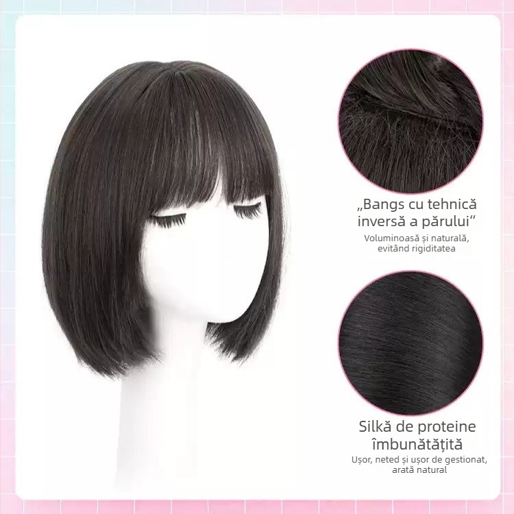 Perucă pentru femei — cap complet, aspect natural, bob scurt, realizată manual, fibre rezistente la temperaturi înalte
