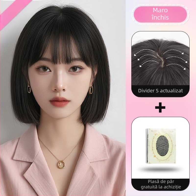 Perucă pentru femei — cap complet, aspect natural, bob scurt, realizată manual, fibre rezistente la temperaturi înalte
