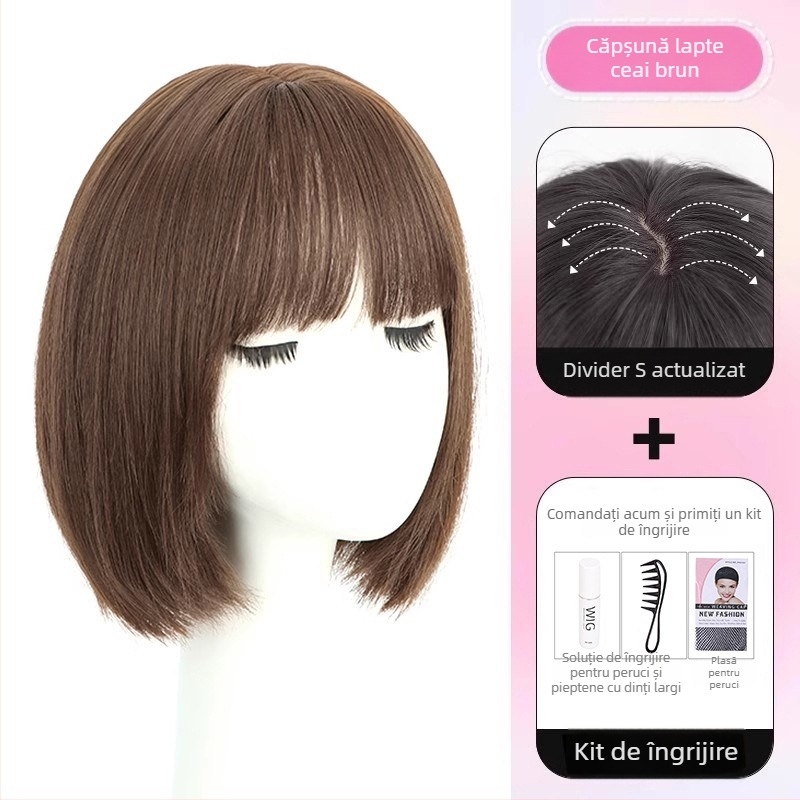 Perucă pentru femei — cap complet, aspect natural, bob scurt, realizată manual, fibre rezistente la temperaturi înalte