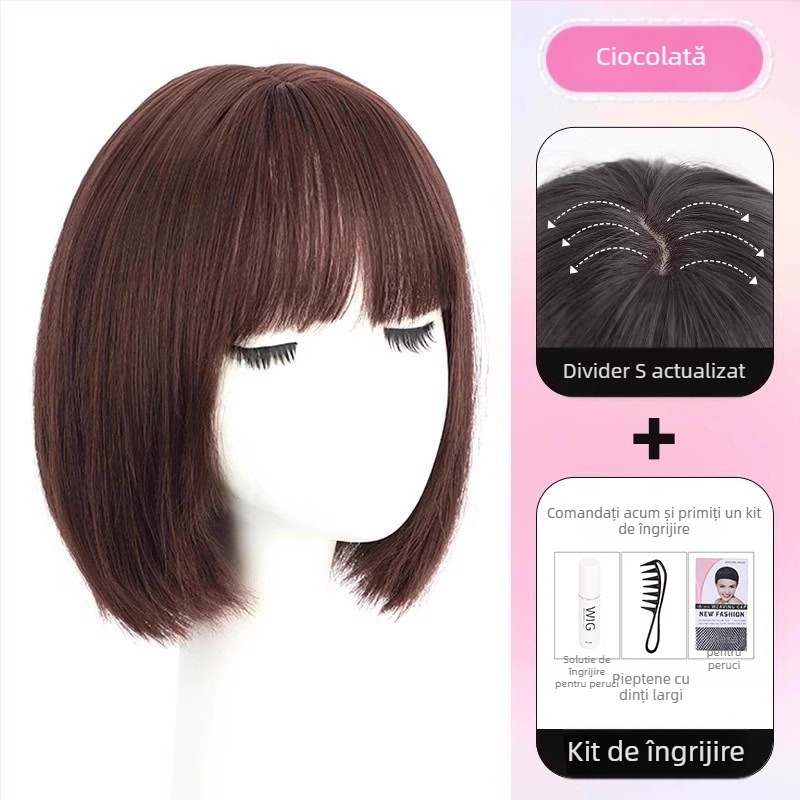 Perucă pentru femei — cap complet, aspect natural, bob scurt, realizată manual, fibre rezistente la temperaturi înalte