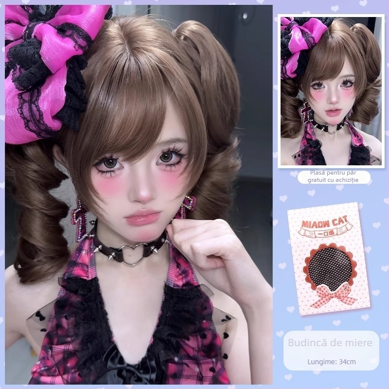 Perucă pentru femei, aspect natural tineresc, cozi duble, clips cu gură de tigru, bucle romane