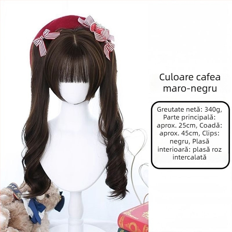 Perucă pentru femei, aspect natural tineresc, cozi duble, clips cu gură de tigru, bucle romane