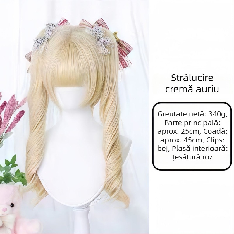 Perucă pentru femei, aspect natural tineresc, cozi duble, clips cu gură de tigru, bucle romane