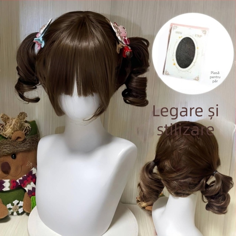Perucă pentru femei, aspect natural tineresc, cozi duble, clips cu gură de tigru, bucle romane