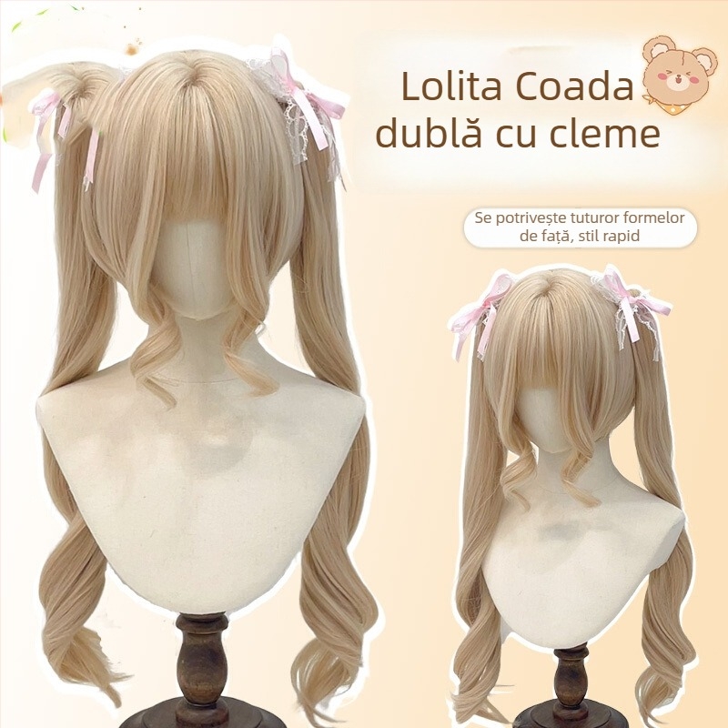 Perucă pentru femei, aspect natural tineresc, cozi duble, clips cu gură de tigru, bucle romane