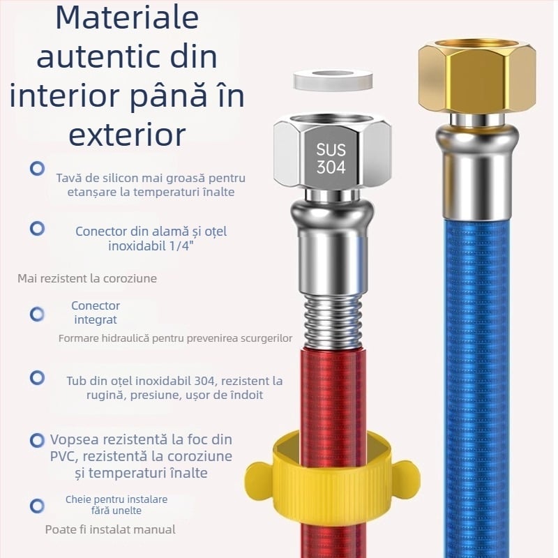 Furtun de alimentare pentru boiler din oțel inoxidabil 304, conexiune filet, presiune nominală 1, temperatură de lucru 99°C