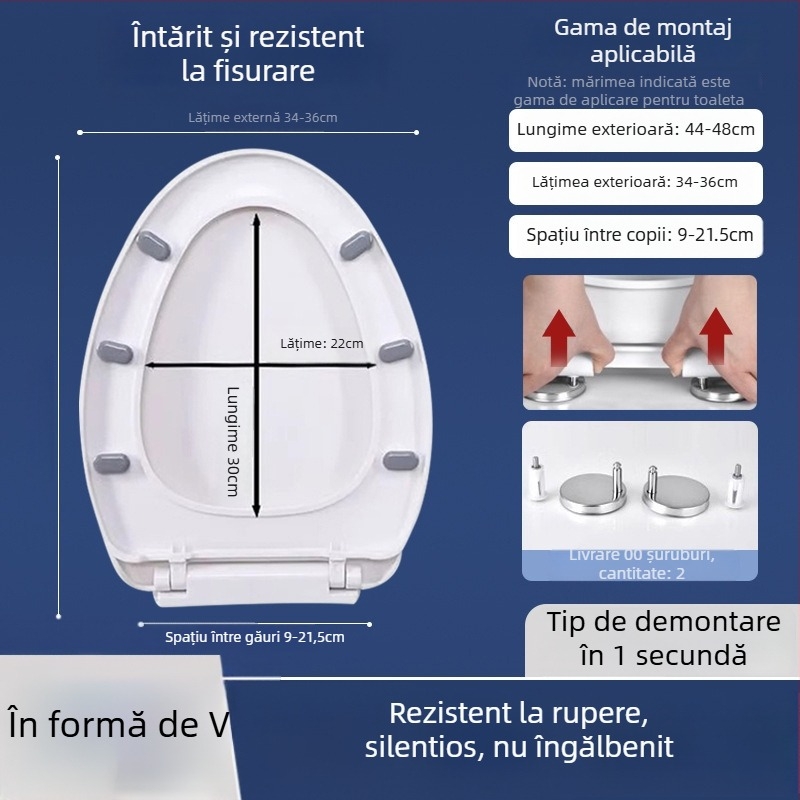 Capac de toaletă cu închidere lină; tip UOV; din placă PP; gros; distanța dintre găuri 8–25 mm