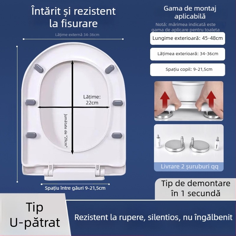 Capac de toaletă cu închidere lină; tip UOV; din placă PP; gros; distanța dintre găuri 8–25 mm