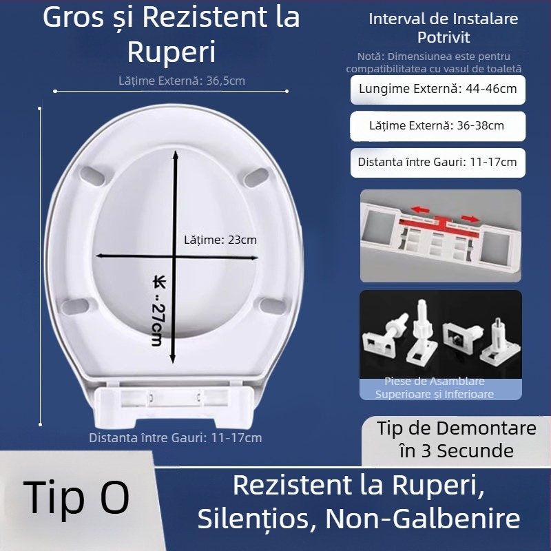 Capac de toaletă cu închidere lină; tip UOV; din placă PP; gros; distanța dintre găuri 8–25 mm
