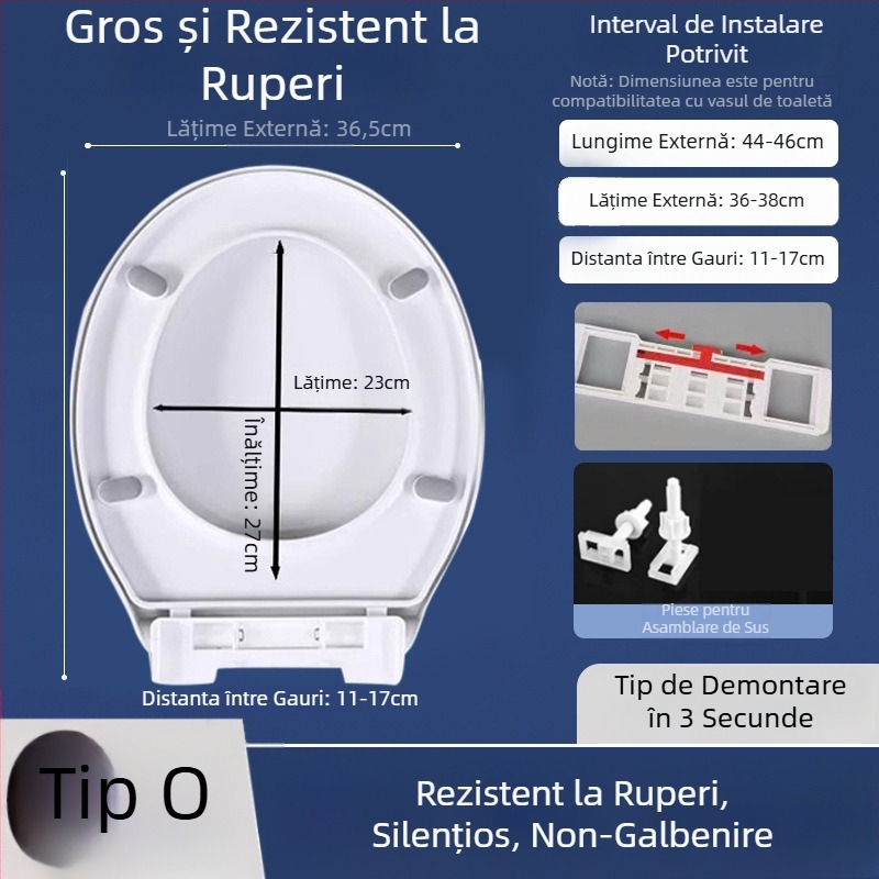 Capac de toaletă cu închidere lină; tip UOV; din placă PP; gros; distanța dintre găuri 8–25 mm