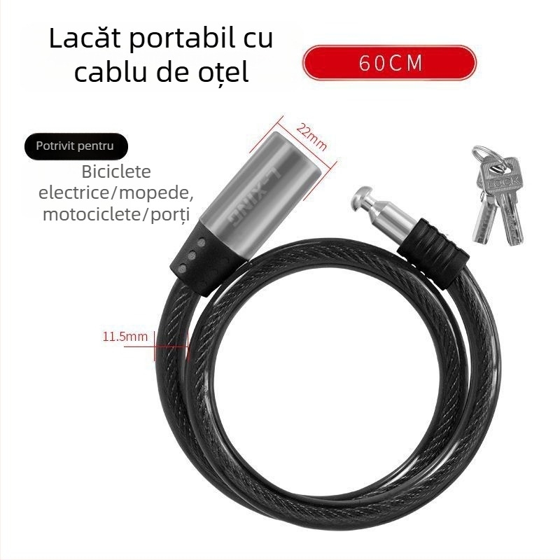 Lacăt pentru bicicletă - portabil, cablu din oțel și lanț îngroșat, lacăt, anti-furt