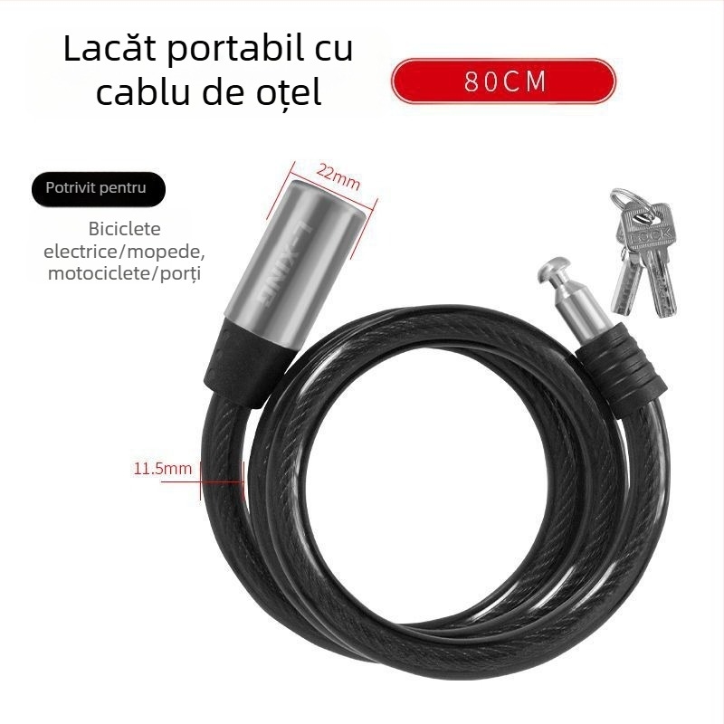 Lacăt pentru bicicletă - portabil, cablu din oțel și lanț îngroșat, lacăt, anti-furt