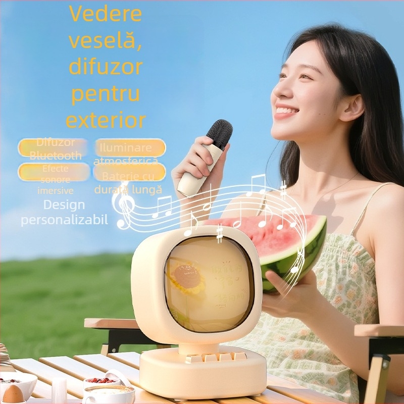 Boxă Bluetooth cu Microfon Wireless pentru Karaoke – All-in-One Portabil Exterior; Bluetooth 5.0; Baterie încorporată 1000–1200mAh; Putere 5W; Răspuns în frecvență 20 Hz–20 kHz; Gama efectivă 10 m