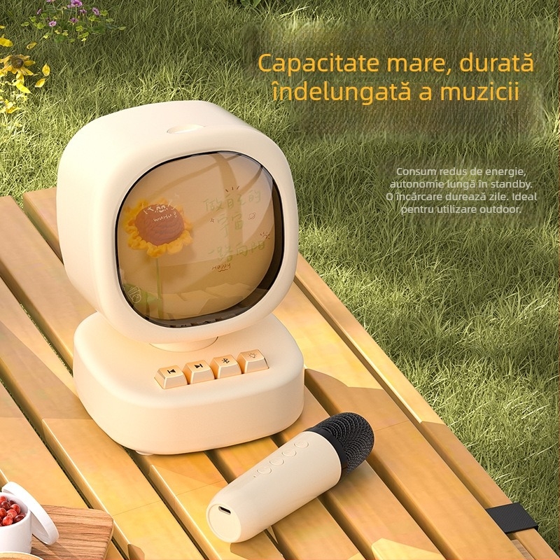 Boxă Bluetooth cu Microfon Wireless pentru Karaoke – All-in-One Portabil Exterior; Bluetooth 5.0; Baterie încorporată 1000–1200mAh; Putere 5W; Răspuns în frecvență 20 Hz–20 kHz; Gama efectivă 10 m