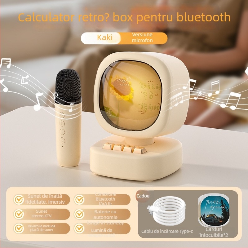 Boxă Bluetooth cu Microfon Wireless pentru Karaoke – All-in-One Portabil Exterior; Bluetooth 5.0; Baterie încorporată 1000–1200mAh; Putere 5W; Răspuns în frecvență 20 Hz–20 kHz; Gama efectivă 10 m