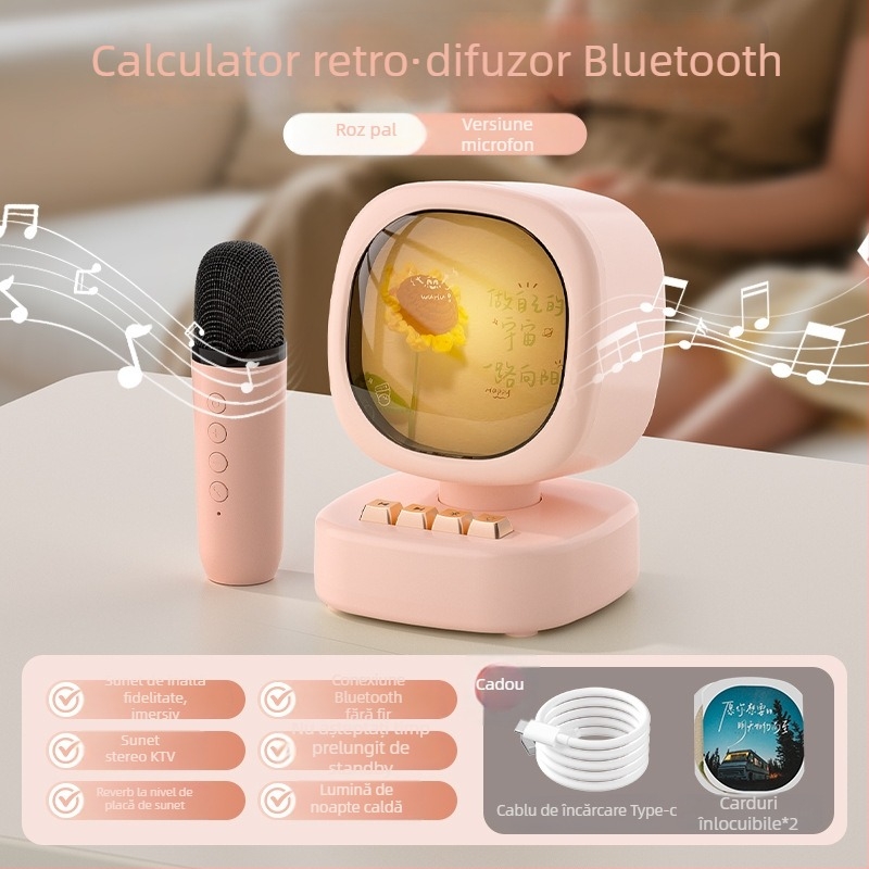 Boxă Bluetooth cu Microfon Wireless pentru Karaoke – All-in-One Portabil Exterior; Bluetooth 5.0; Baterie încorporată 1000–1200mAh; Putere 5W; Răspuns în frecvență 20 Hz–20 kHz; Gama efectivă 10 m