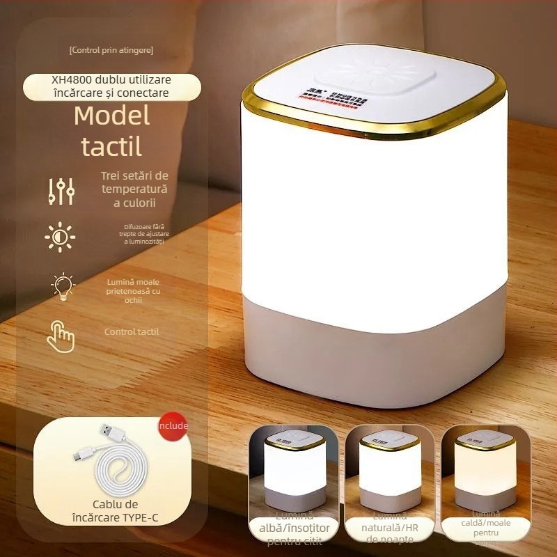Lampă LED de Noapte pentru Dormitor – protecție pentru ochi, veioză de noptieră cu atingere, baterie încorporată, abajur din plastic, tensiune până la 36V