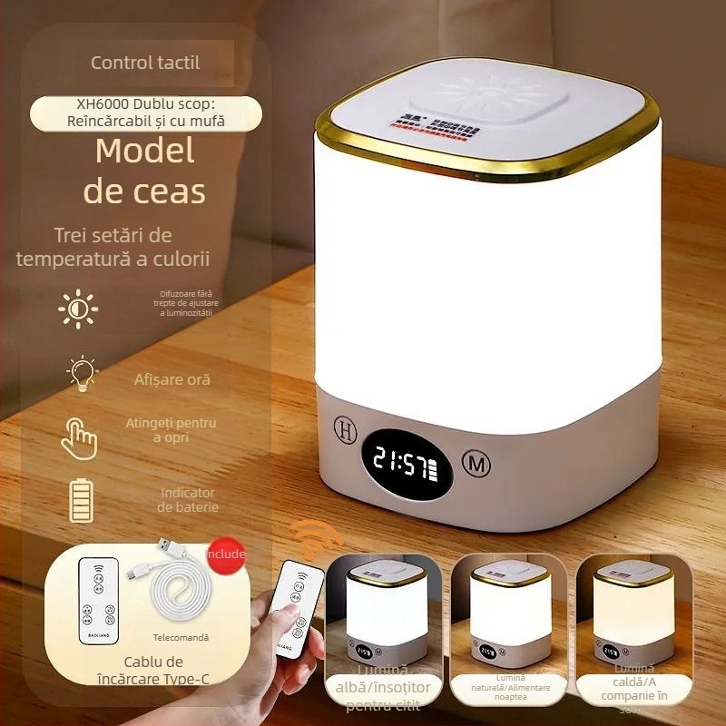 Lampă LED de Noapte pentru Dormitor – protecție pentru ochi, veioză de noptieră cu atingere, baterie încorporată, abajur din plastic, tensiune până la 36V