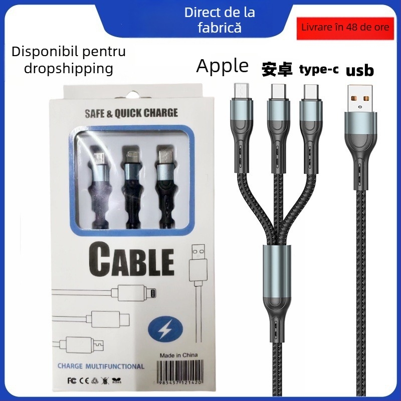 Ai line Rhino cablu de date și încărcare 3-în-1, cu conectori Lightning, Type-C și Micro USB, carcasă din aliaj de aluminiu, oprire automată, până la 6A maxim