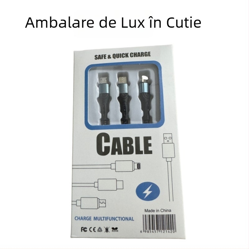 Ai line Rhino cablu de date și încărcare 3-în-1, cu conectori Lightning, Type-C și Micro USB, carcasă din aliaj de aluminiu, oprire automată, până la 6A maxim