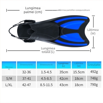 Set de snorkeling: înotătoare, snorkel uscat și mască de snorkeling; Material: PP, TPR, POM; Marcă: Asy; Potrivit pentru adulți și copii