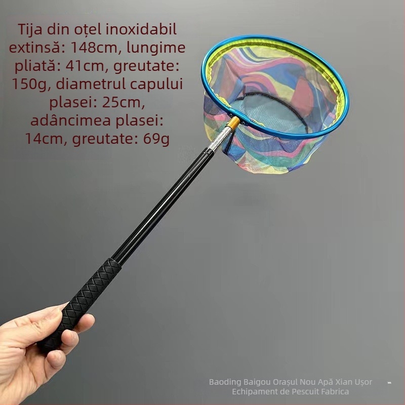 Set de plasă de pescuit pentru copii, cu tijă telescopică din oțel inoxidabil, pentru camping (adâncimea plasei 14 cm, plasă fină, tijă telescopică)