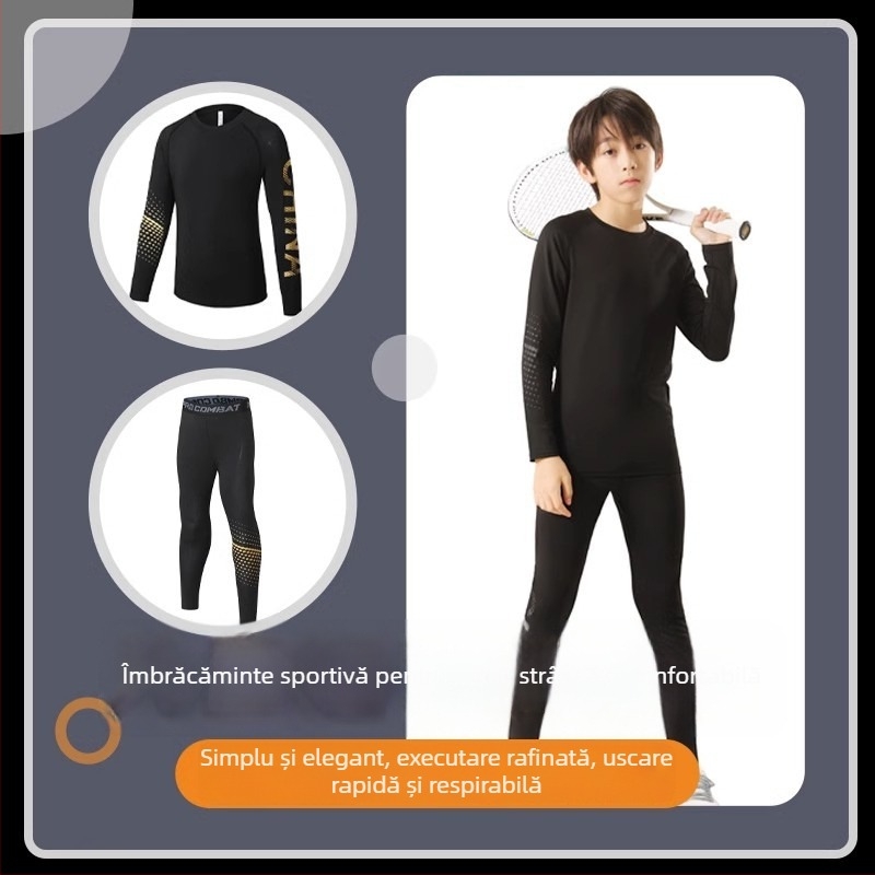 Set sportiv pentru copii — uscare rapidă, respirabil, ultra-ușor milk silk cu 8% spandex; mâneci lungi, guler rotund; pentru toamnă, pentru băieți