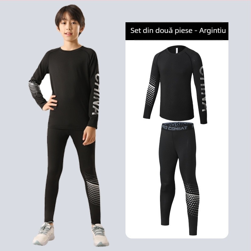 Set sportiv pentru copii — uscare rapidă, respirabil, ultra-ușor milk silk cu 8% spandex; mâneci lungi, guler rotund; pentru toamnă, pentru băieți