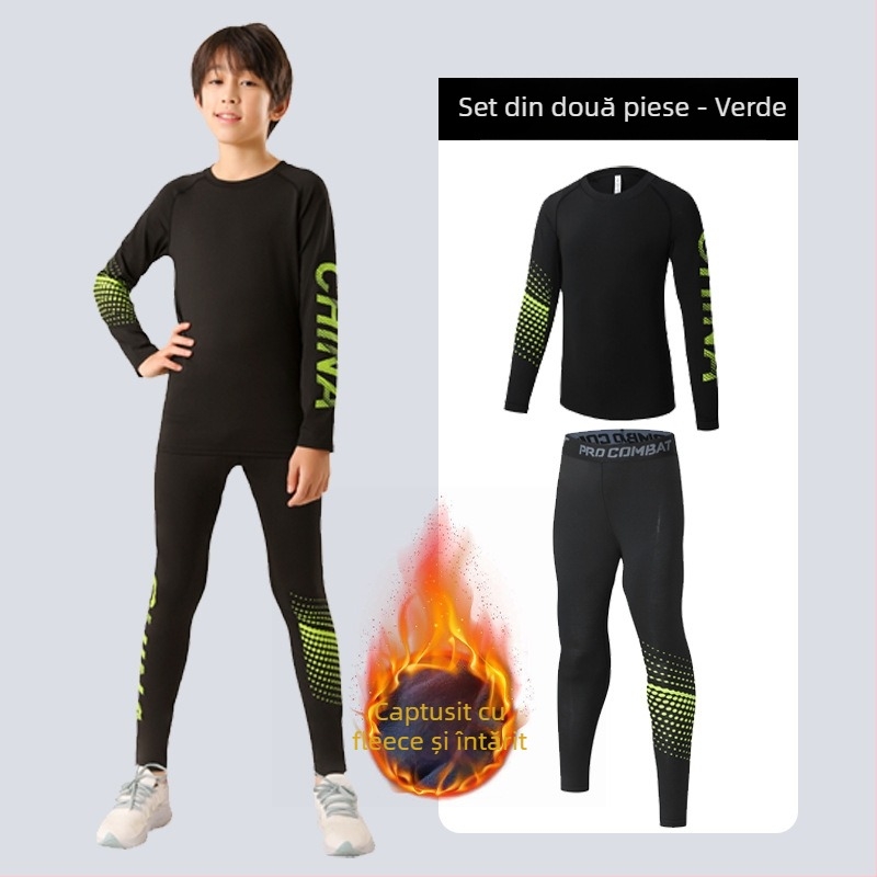 Set sportiv pentru copii — uscare rapidă, respirabil, ultra-ușor milk silk cu 8% spandex; mâneci lungi, guler rotund; pentru toamnă, pentru băieți