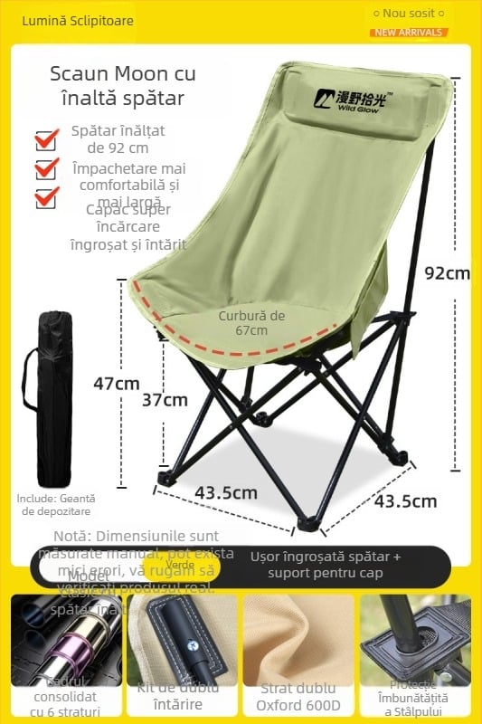 Scaun Moon pliabil pentru exterior, portabil, fotoliu reglabil, țesătură Oxford