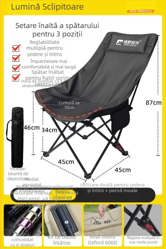 Scaun Moon pliabil pentru exterior, portabil, fotoliu reglabil, țesătură Oxford