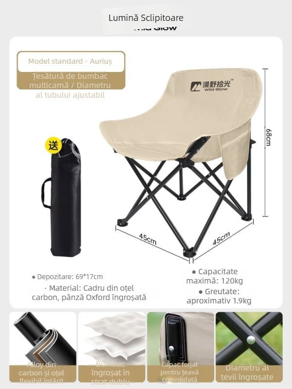 Scaun Moon pliabil pentru exterior, portabil, fotoliu reglabil, țesătură Oxford