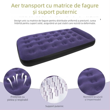 Saltea gonflabilă de camping cu suprafață catifelată, umflare manuală, pompă externă, sarcină maximă 200 kg, pernă inclusă