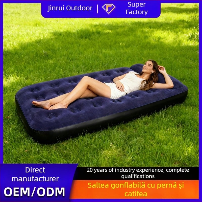 Saltea gonflabilă de camping cu suprafață catifelată, umflare manuală, pompă externă, sarcină maximă 200 kg, pernă inclusă